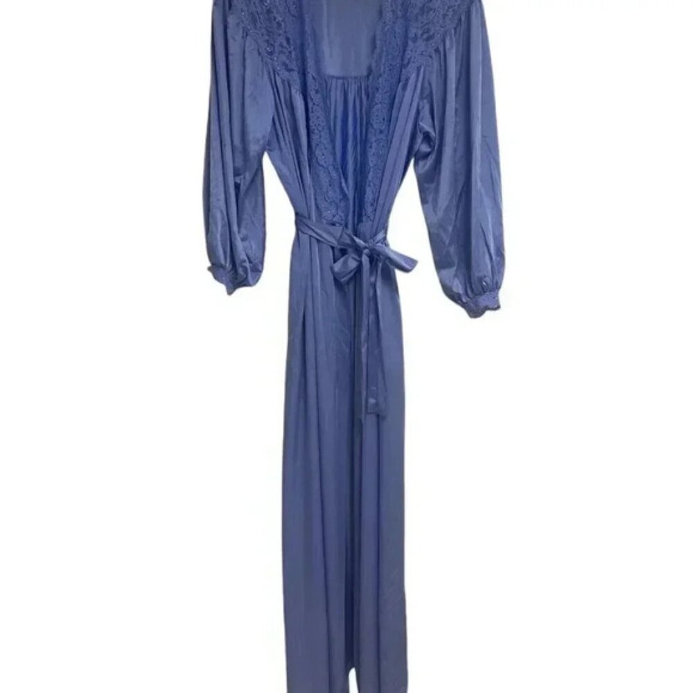 Vintage MISS ELAINE Medium Long WRAP ROBE Purple Blue NYLON Sleeve Lace Sweep